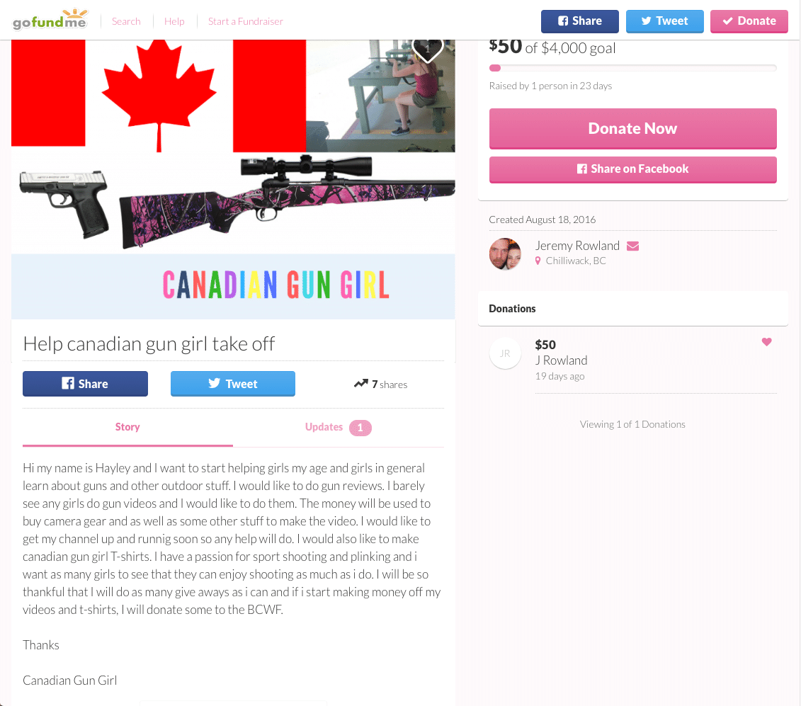 Canadian Gun Girl's page on GoFundMe.com.