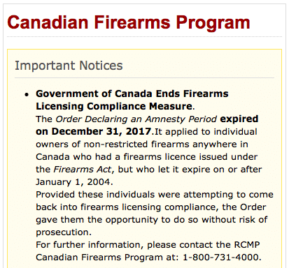 RCMP End of Amnesty Canada Gun Licence Firearms