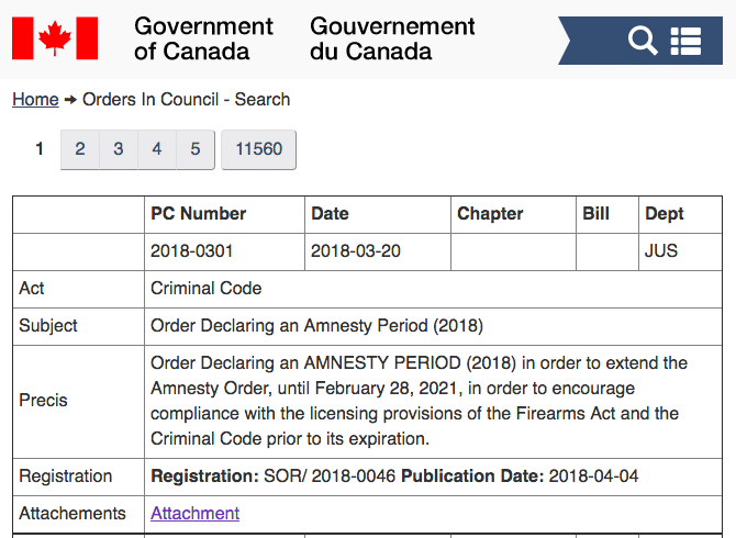 Canada Order in Council Firearm Licensing