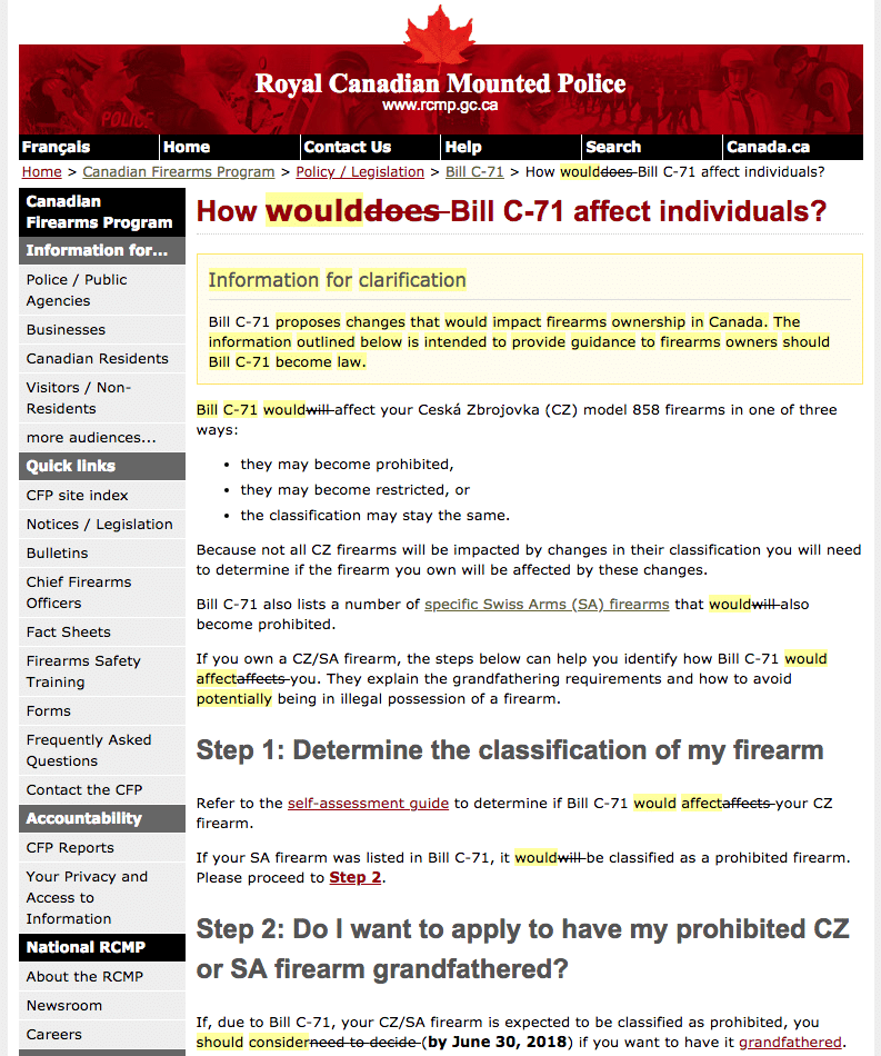RCMP Bill C-71 Website Changes 30 May 2018