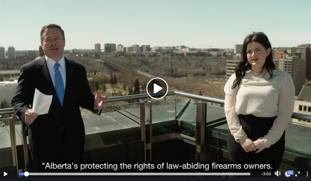 Screenshot of Facebook video with Alberta Premier Jason Kenney and MLA Michaela Glasgo.