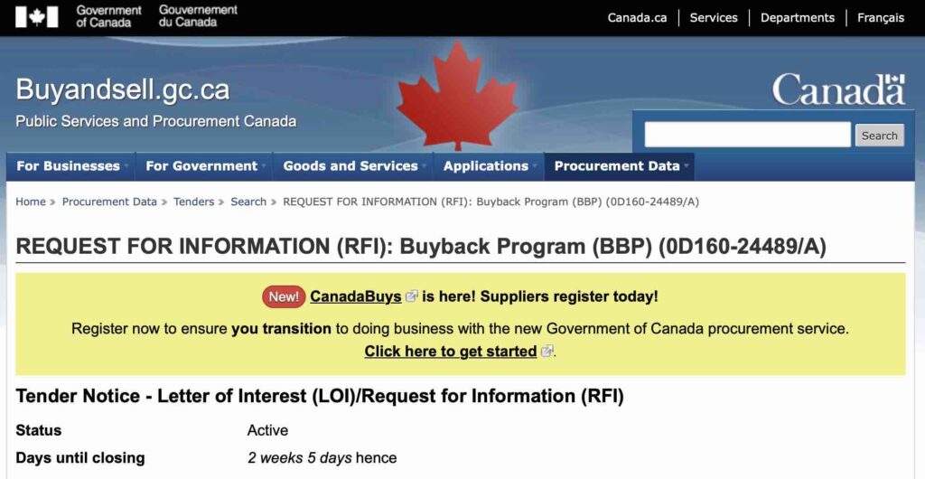 Screenshot of Canadian government's Request for Information for mass gun confiscations. Source: BuyAndSell.gc.ca